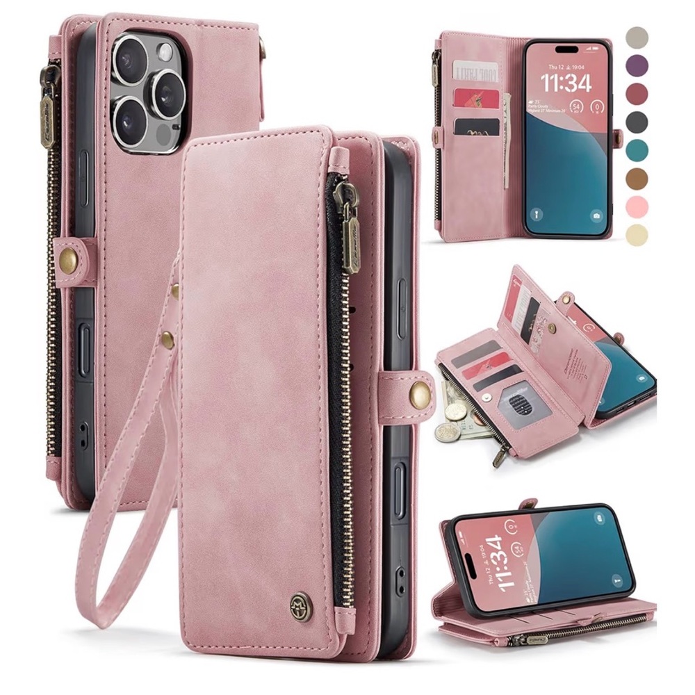iPhone 16.   Blossom Pink Zipper Wallet Phone Case with Wrist Strap